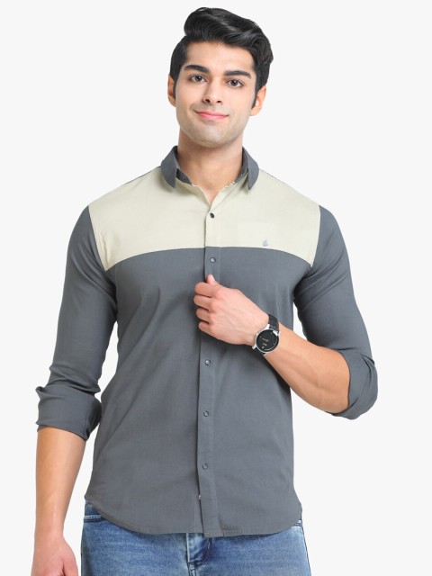 

COLVYNHARRIS JEANS Men Grey & Beige Colourblocked Slim Fit Casual Shirt
