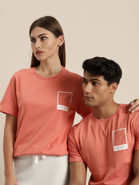 

ether Unisex Peach-Coloured & White Printed T-shirt