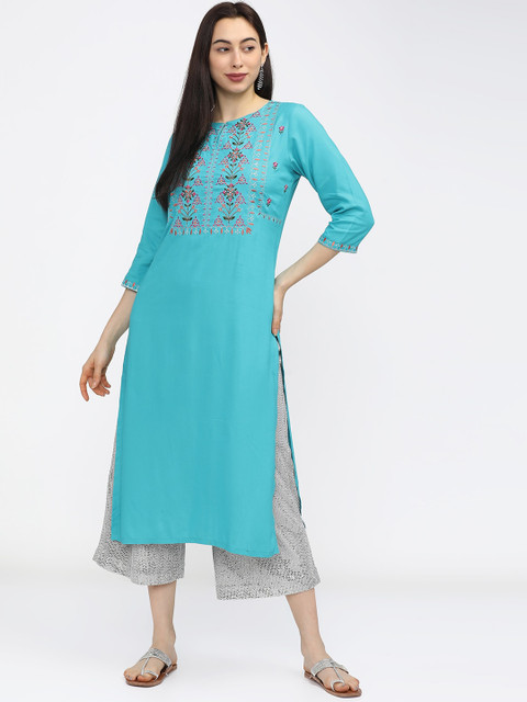 

Vishudh Women Turquoise Blue Floral Yoke Design Straight Kurta