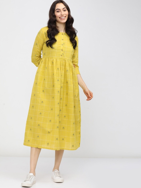 

Vishudh Women Yellow Ethnic Motifs A-Line Cotton Midi Dress