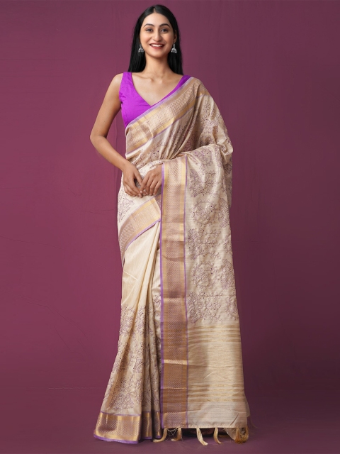 

Unnati Silks Brown & Violet Woven Design Zari Jute Cotton Maheshwari Saree