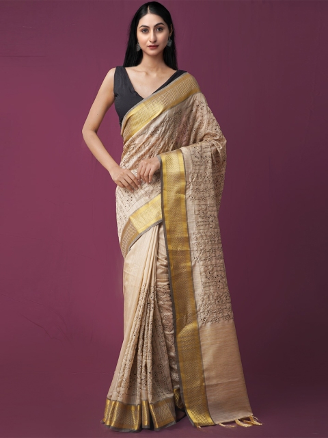 

Unnati Silks Brown & Gold-Toned Ethnic Motifs Zari Silk Cotton Maheshwari Saree