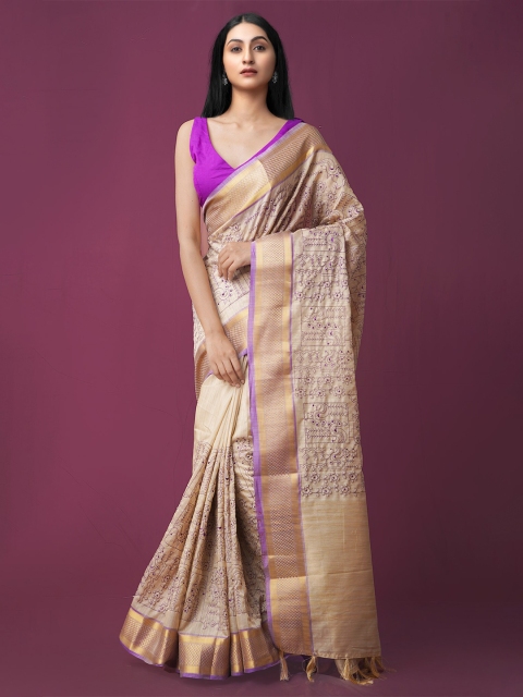 

Unnati Silks Tan & Violet Ethnic Motifs Zari Jute Cotton Maheshwari Saree