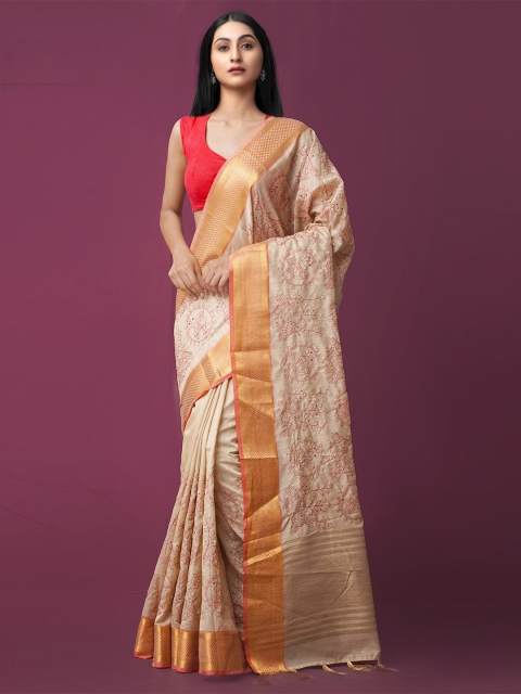 

Unnati Silks Brown & Orange Woven Design Zari Jute Cotton Maheshwari Saree