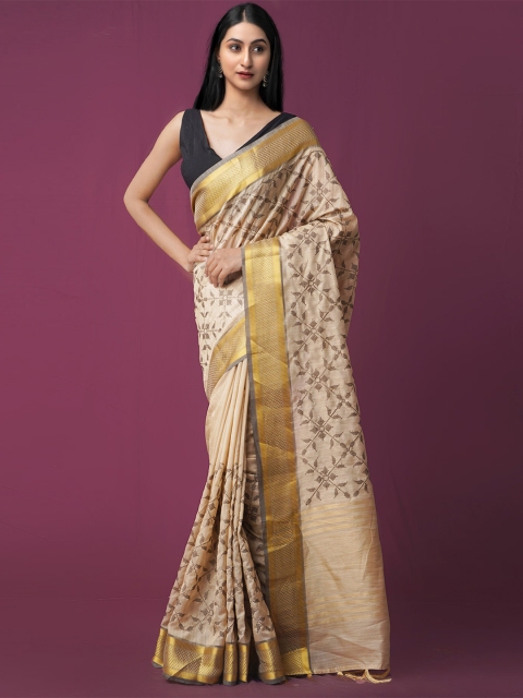 

Unnati Silks Brown & Grey Zari Jute Cotton Maheshwari Saree