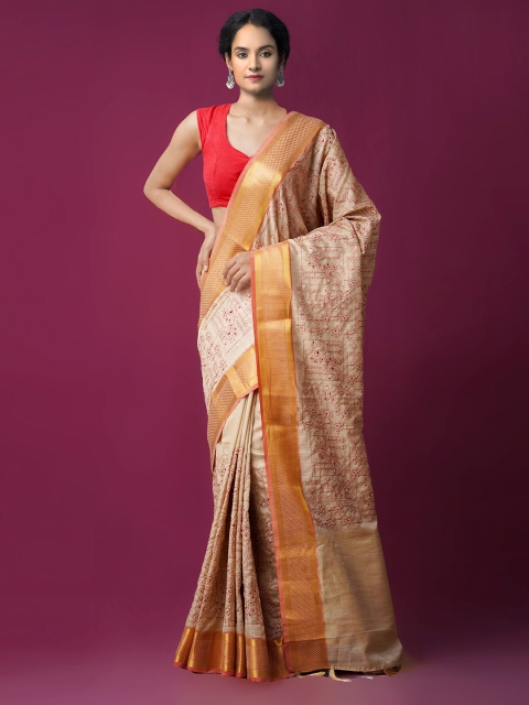 

Unnati Silks Beige & Red Ethnic Motifs Embroidered Jute Cotton Maheshwari Saree