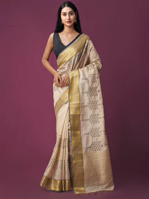 

Unnati Silks Beige & Gold-Toned Woven Design Zari Jute Cotton Maheshwari Saree
