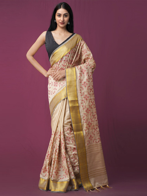 

Unnati Silks Women Brown Embroidered Maheshwari Jute Sico Saree