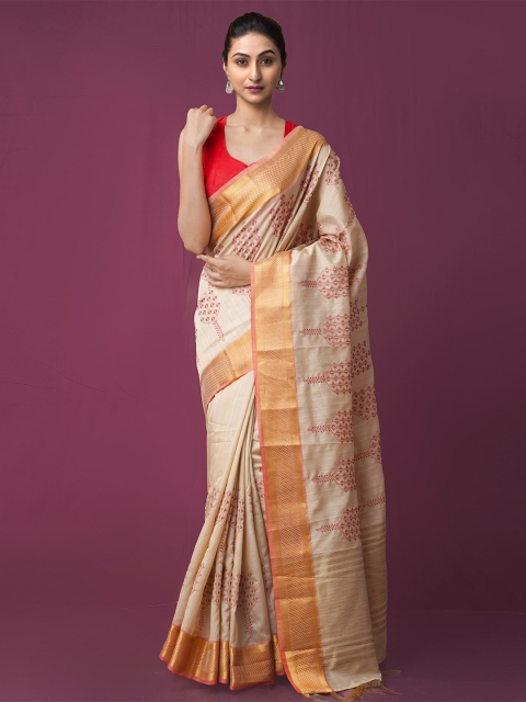 

Unnati Silks Brown & Red Zari Silk Cotton Maheshwari Saree