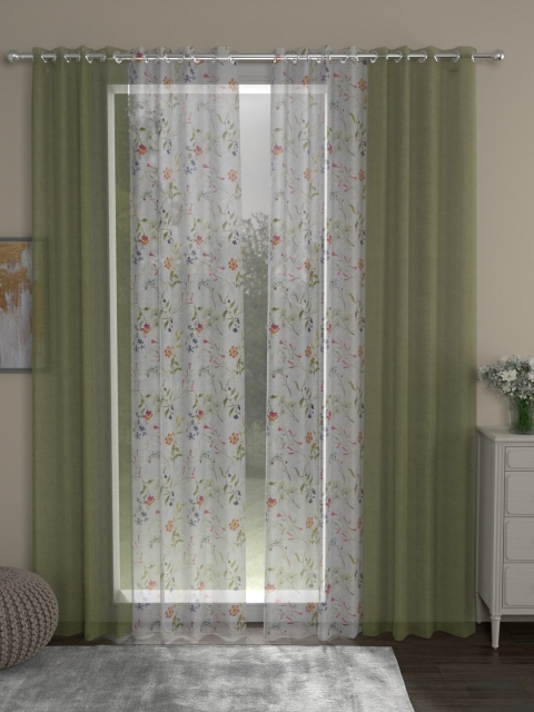 

ROSARA HOME Olive Green & White Set of 4 Floral Sheer Long Door Curtain
