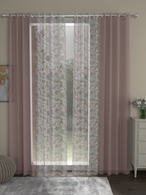 ROSARA HOME Pink & White Set of 4 Floral Sheer Long Door Curtain