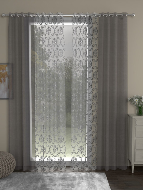 

ROSARA HOME Grey & White Set of 4 Embroidered Sheer Door Curtain