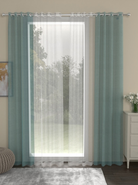 

ROSARA HOME Turquoise Blue & White Set of 4 Striped Sheer Long Door Curtain