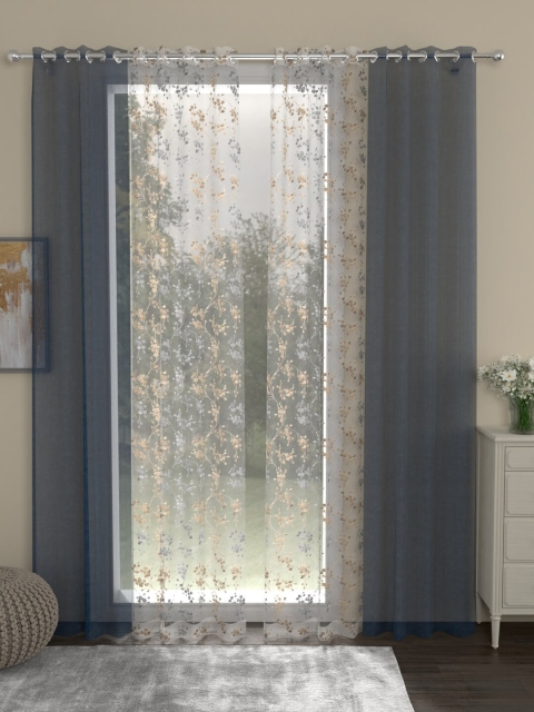 

ROSARA HOME Set Of 4 Blue & Beige Floral Sheer Door Curtain