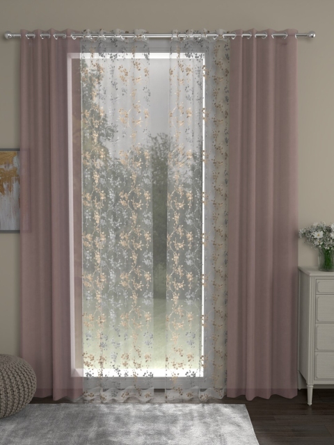 

ROSARA HOME Pink & White Set of 4 Embroidered Sheer Door Curtain