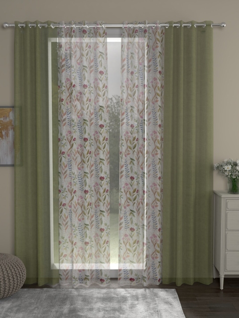 

ROSARA HOME Olive & White Pack Of 4 Sheer Long Door Curtains