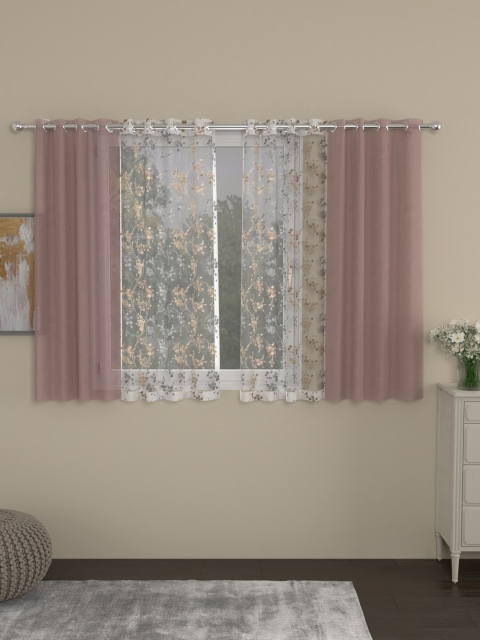 

ROSARA HOME Set of 4 Pink & Off White Embroidered Sheer Window Curtain