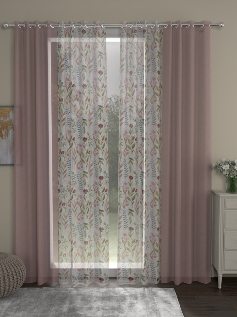

ROSARA HOME Pink & White Set of 4 Floral Sheer Long Door Curtain