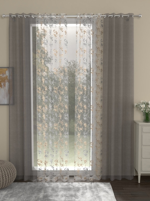 

ROSARA HOME Grey & White Set of 4 Embroidered Sheer Long Door Curtain