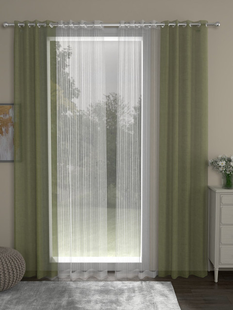 

ROSARA HOME Set Of 4 Olive Green & White Striped Sheer Long Door Curtain