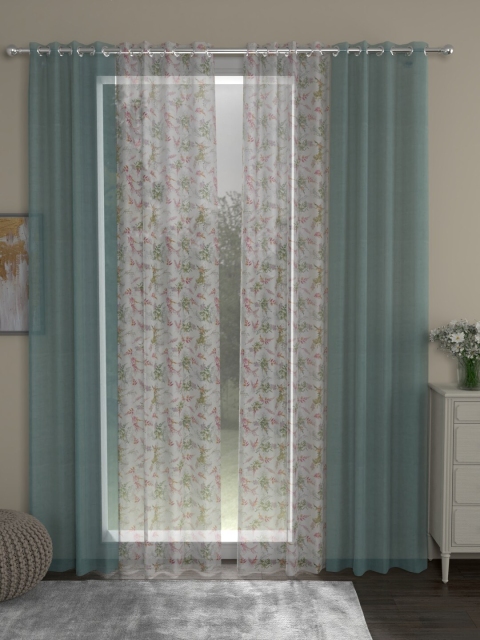 

ROSARA HOME Turquoise Blue & White Set of 4 Floral Sheer Long Door Curtains