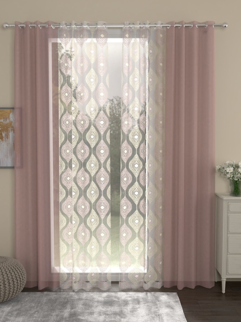 

ROSARA HOME Pink & White Set of 4 Solid & Embroidered Sheer Long Door Curtains
