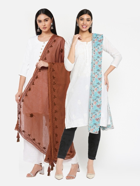 

Get Wrapped Pack of 2 Brown & Blue Embroidered & Digital Printed Dupattas