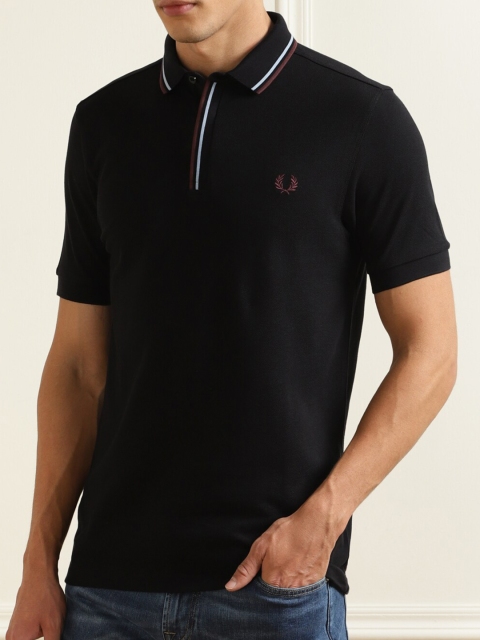 

Fred Perry Men Black Tipped Placket Pure Cotton Slim Fit T-shirt