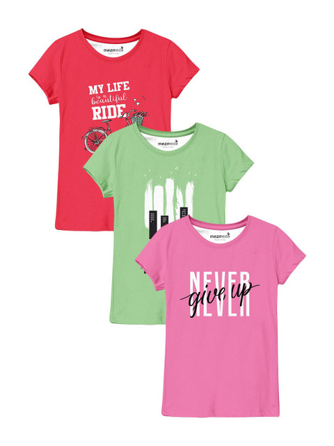 

mezmoda Girls Red & Green Set Of 3 Printed T-shirts