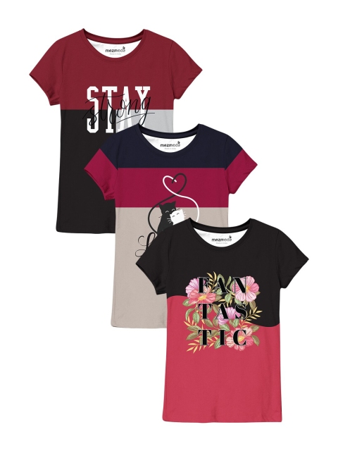 

mezmoda Girls Black & Red Pack Of 3 Colourblocked Typography Printed T-shirt