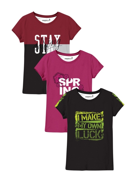 

mezmoda Girls Pink & Black Pack of 3 Printed T-shirts