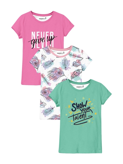

mezmoda Girls Pack Of 3 Typography Printed T-shirts, Pink