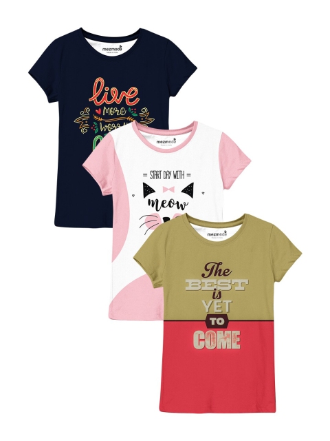 

mezmoda Girls Navy Blue & Pink Pack of 3 Printed T-shirts