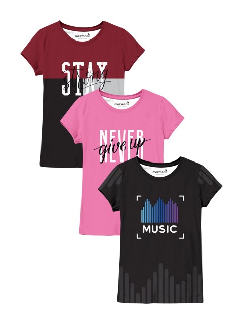 

mezmoda Girls Set of 3 Typography Printed T-shirts, Pink