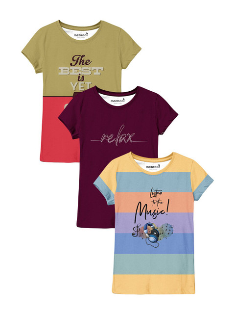 

mezmoda Girls Multicoloured Set Of 3 Printed T-shirts, Multi