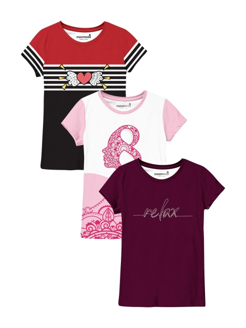 

mezmoda Girls Pack of 3 Printed T-shirt, Multi