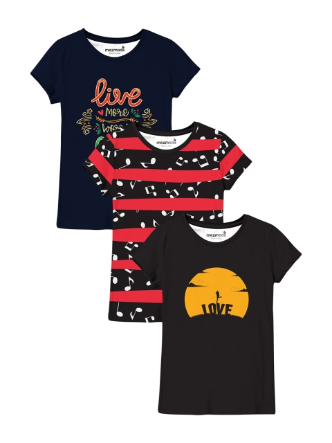 

mezmoda Girls Set of 3 Printed T-shirts, Black