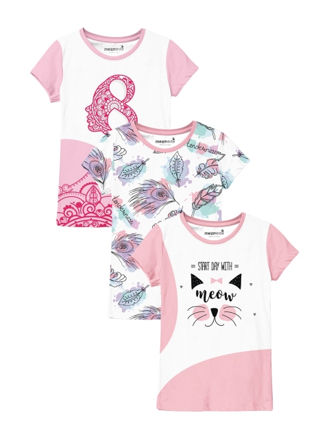 

mezmoda Girls Pack of 3 Printed T-shirts, White
