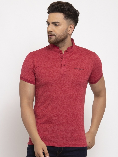 

VENITIAN Men Red Solid Henley Neck Slim Fit Cotton T-shirt