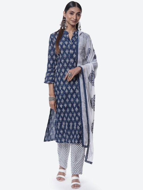 

Biba Navy Blue & White Printed Pure Cotton Unstitched Dress Material