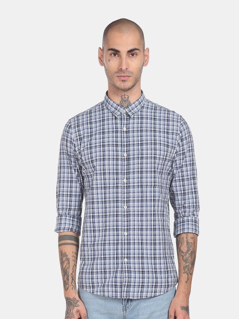 

Ruggers Men Blue Regular Fit Checked Pure Cotton Casual Shirt