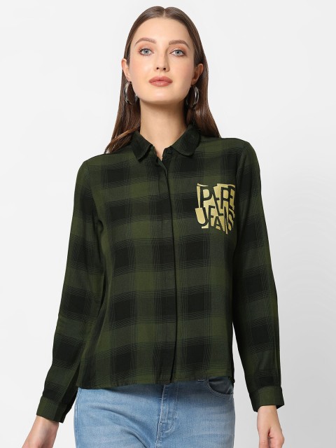 

Pepe Jeans Women Olive Green Tartan Checks Checked Casual Shirt