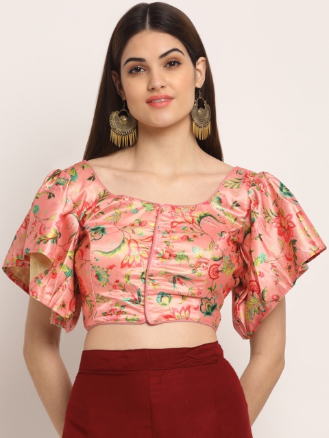 

Grancy Women Peach-Coloured & Green Printed Saree Blouse