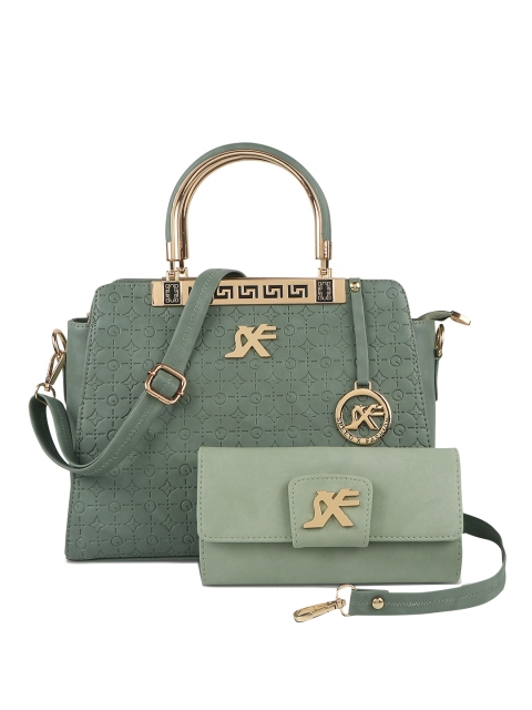 

SXF SPEED X FASHION Green PU Structured Handheld Bag with Applique