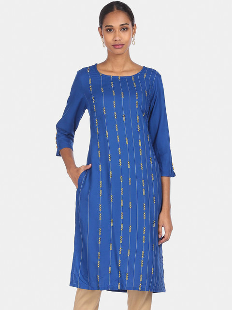 

Karigari Women Blue Striped Printed Work Kurta