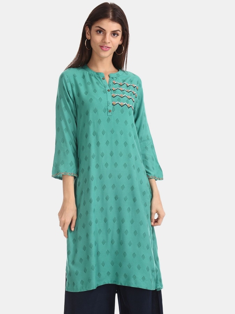 

Karigari Women Green Ethnic Motifs Embroidered Keyhole Neck Extended Sleeves Thread Work Kurta