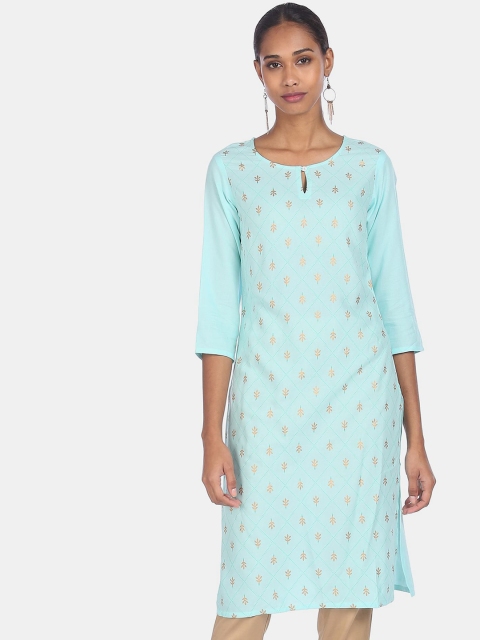 

Karigari Women Blue & Gold-Toned Ethnic Motifs Printed Keyhole Neck Straight Kurta