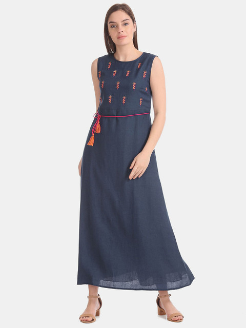 

Bronz Women Blue Embroidered Maxi Dress