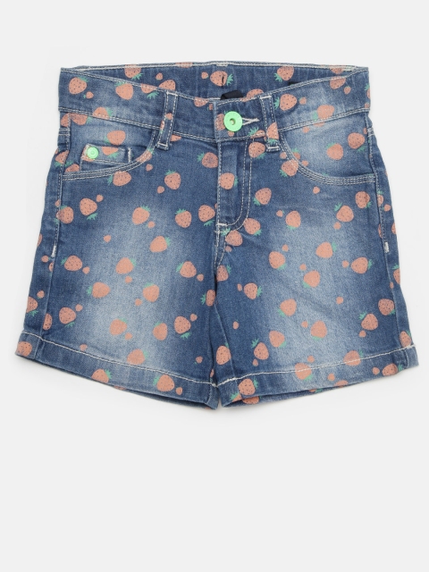 

United Colors of Benetton Girls Blue Printed Washed Denim Shorts