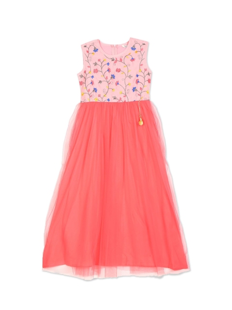 

Karigari Girls Pink Floral Embroidered Maxi Dress